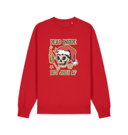 red xmas sweater with the graphic of a skull with a bottle of beer and the slogan 'dead inside but jolly af'