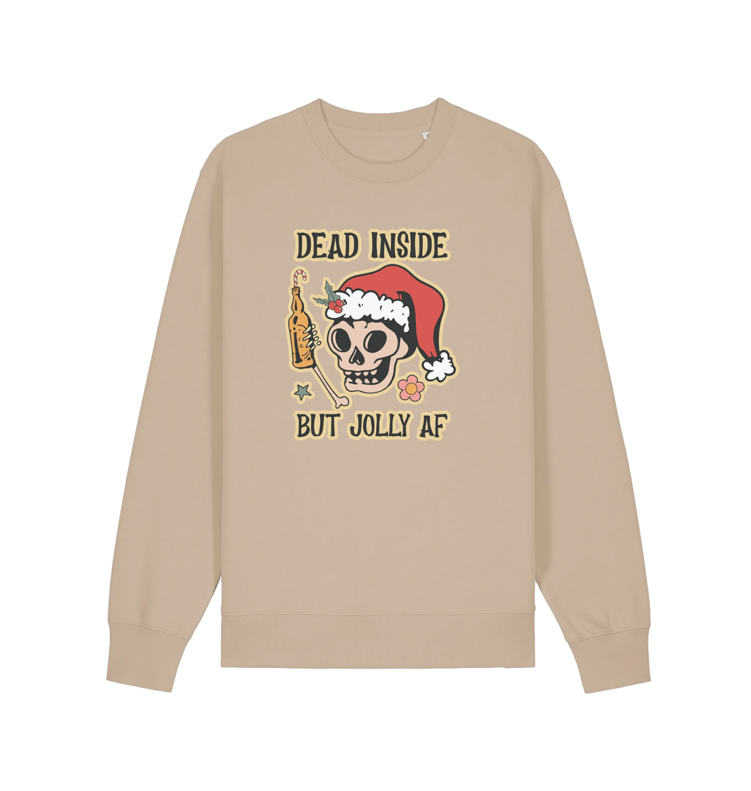 sand xmas sweater with the graphic of a skull with a bottle of beer and the slogan 'dead inside but jolly af'