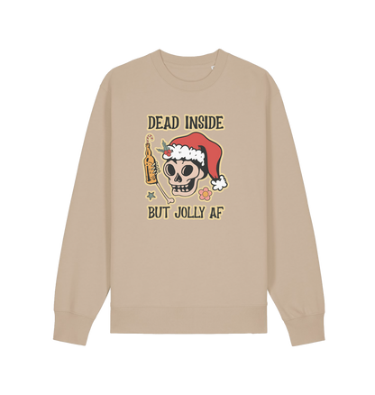 sand xmas sweater with the graphic of a skull with a bottle of beer and the slogan 'dead inside but jolly af'
