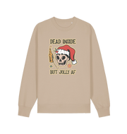 sand xmas sweater with the graphic of a skull with a bottle of beer and the slogan 'dead inside but jolly af'