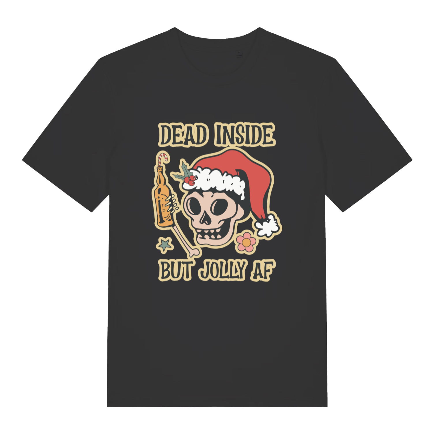 Black Dead But Jolly T-shirt flat lay with skeleton Santa hat "Dead Inside But Jolly AF" graphic