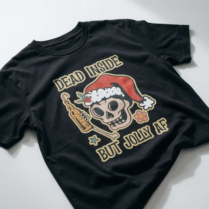 Black Dead Inside But Jolly AF t-shirt with skull in Santa hat graphic