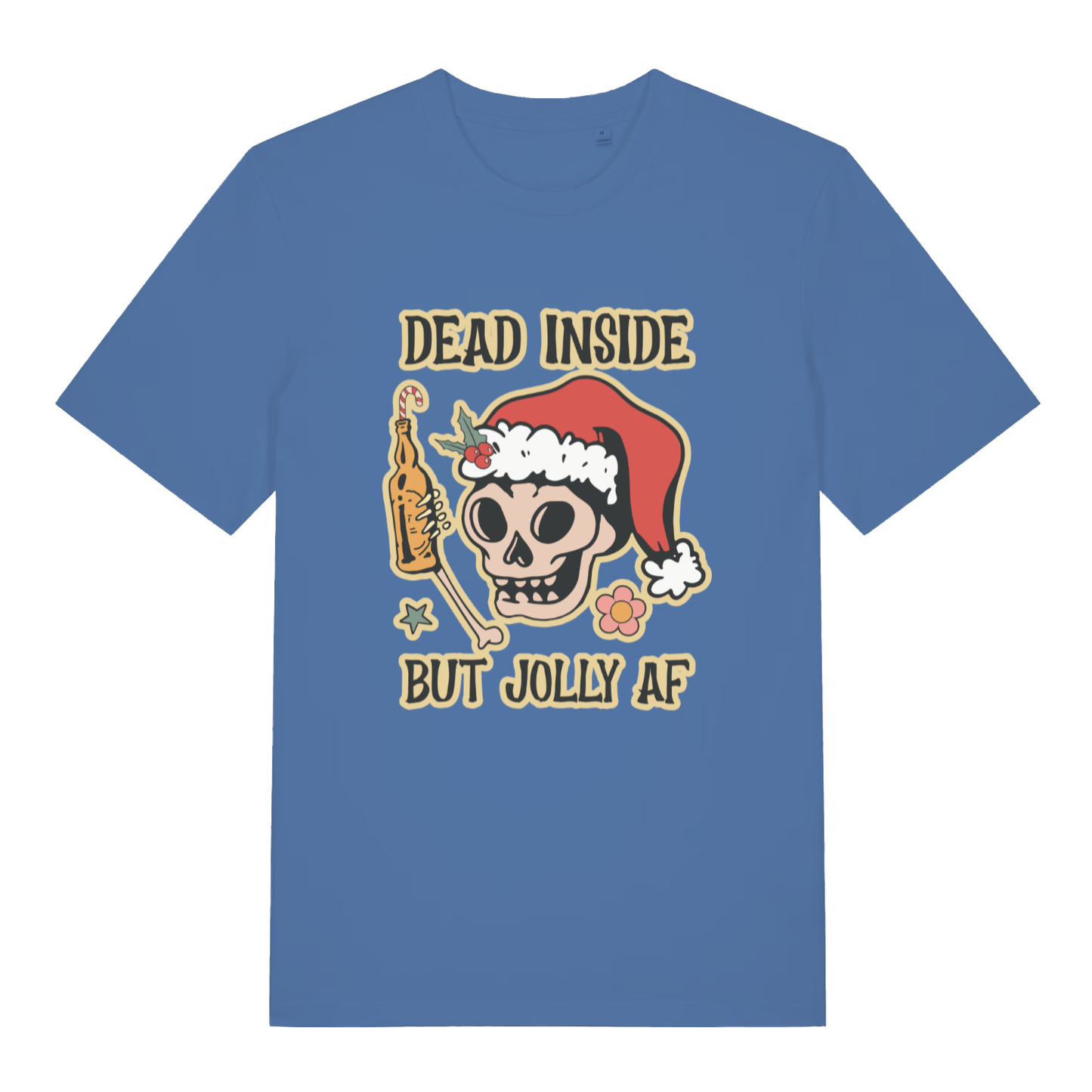 Bright Blue Dead But Jolly T-shirt flat lay featuring funny Christmas skeleton beer design