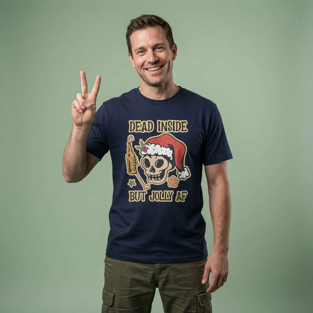 Man in french navy Dead Inside But Jolly AF tee, mens funny skull Christmas gift