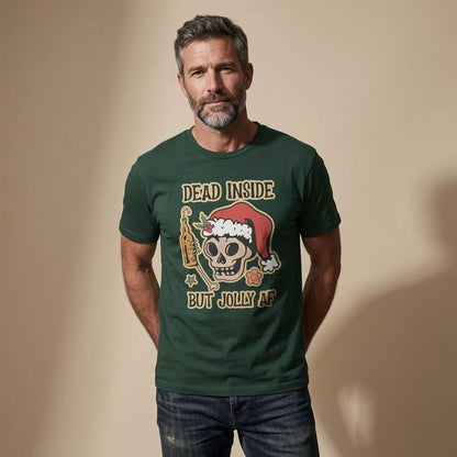 Man in glazed green Dead Inside But Jolly AF t-shirt, funny alternative Christmas tee