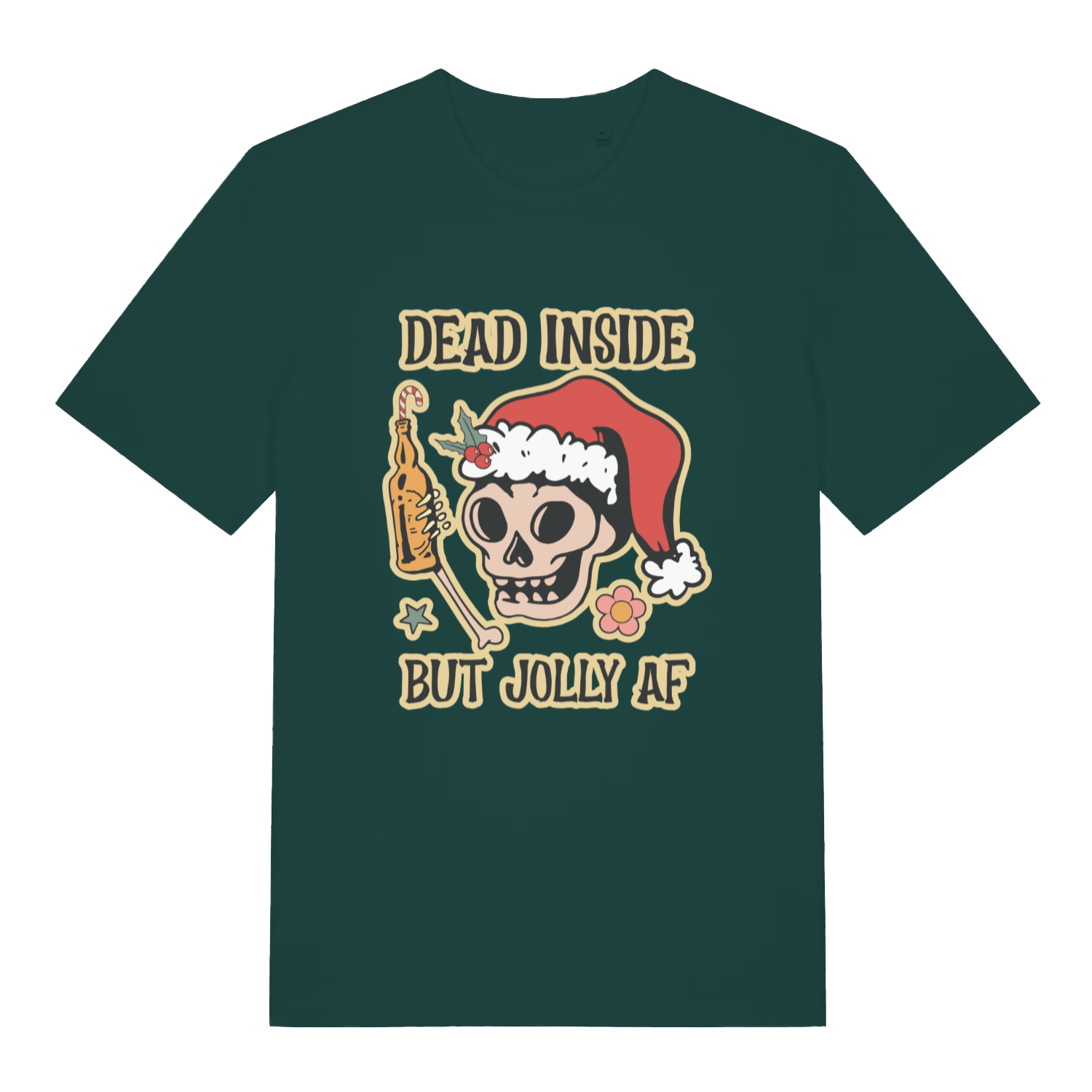 Glazed Green Dead But Jolly T-shirt flat lay with bold skeleton Santa Christmas pun graphic