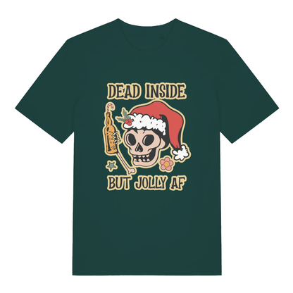 Glazed Green Dead But Jolly T-shirt flat lay with bold skeleton Santa Christmas pun graphic