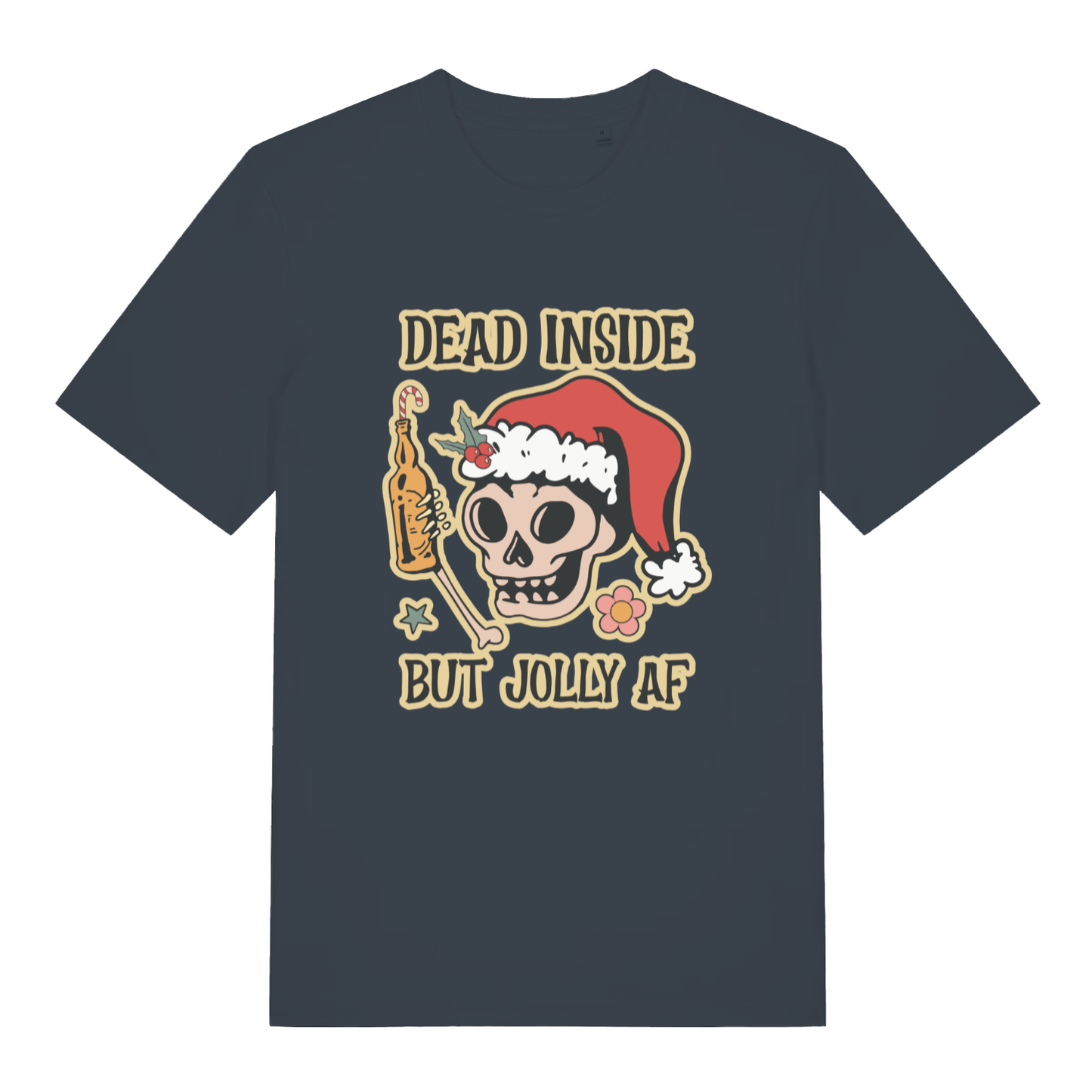 India Ink Grey Dead But Jolly T-shirt flat lay displaying cheeky "Dead Inside But Jolly AF" festive design
