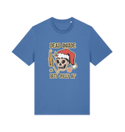 blue christmas t-shirt with a graphic of a skull and the slogan 'dead inside but jolly af'