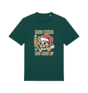 green christmas t-shirt with a graphic of a skull and the slogan 'dead inside but jolly af'