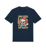 navy christmas t-shirt with a graphic of a skull and the slogan 'dead inside but jolly af'