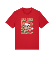 red christmas t-shirt with a graphic of a skull and the slogan 'dead inside but jolly af'