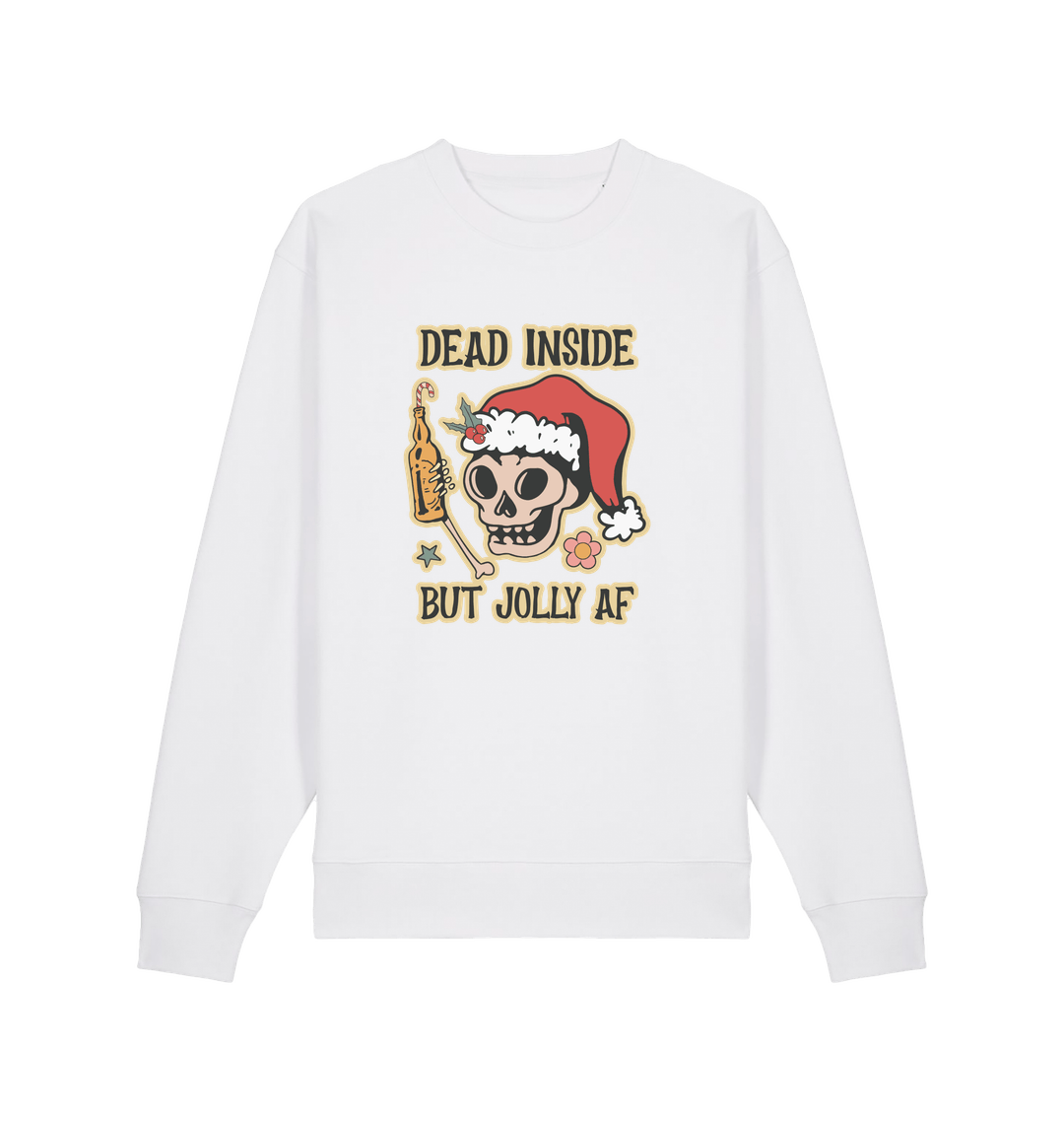 white xmas sweater with the graphic of a skull with a bottle of beer and the slogan 'dead inside but jolly af'