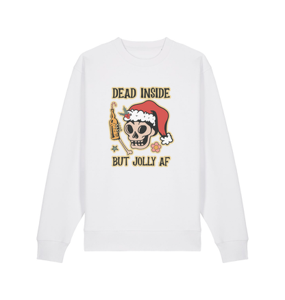 white xmas sweater with the graphic of a skull with a bottle of beer and the slogan 'dead inside but jolly af'