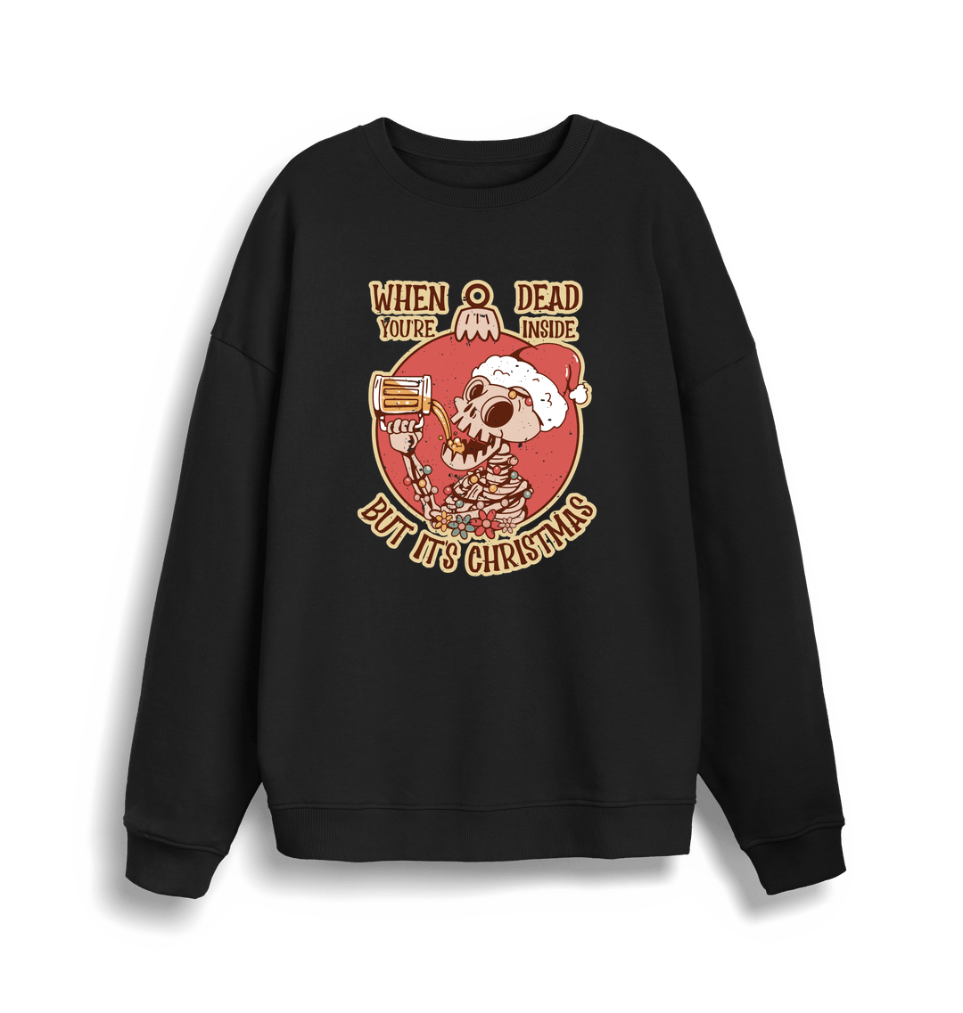black christmas jumper with the graphic of a skeleton drinking a beer and the slogan 'when you're dead inside but it's christmas'