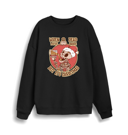 black christmas jumper with the graphic of a skeleton drinking a beer and the slogan 'when you're dead inside but it's christmas'