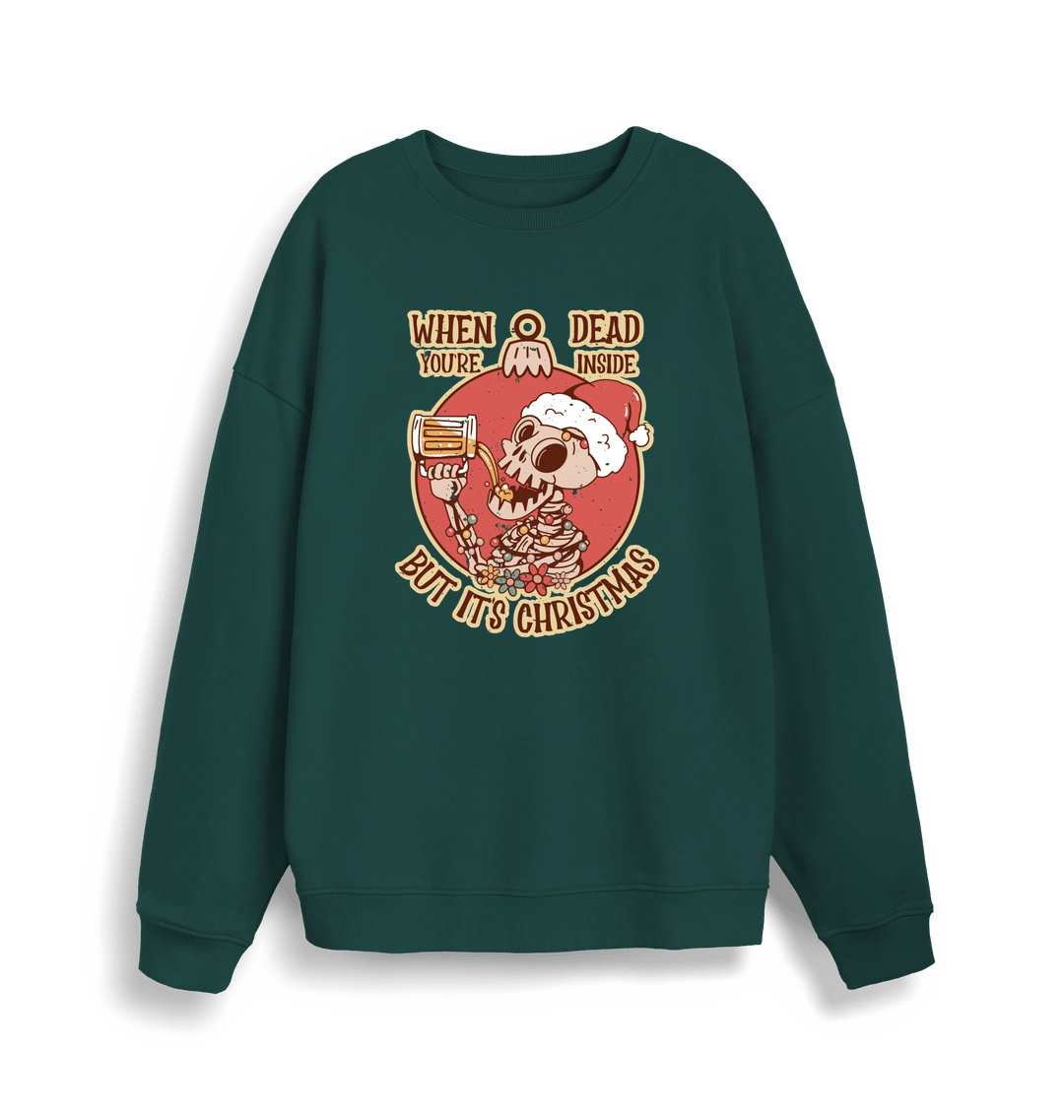 green christmas jumper with the graphic of a skeleton drinking a beer and the slogan 'when you're dead inside but it's christmas'