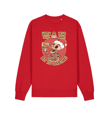 red christmas jumper with the graphic of a skeleton drinking a beer and the slogan 'when you're dead inside but it's christmas'
