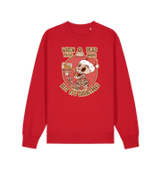 red christmas jumper with the graphic of a skeleton drinking a beer and the slogan 'when you're dead inside but it's christmas'