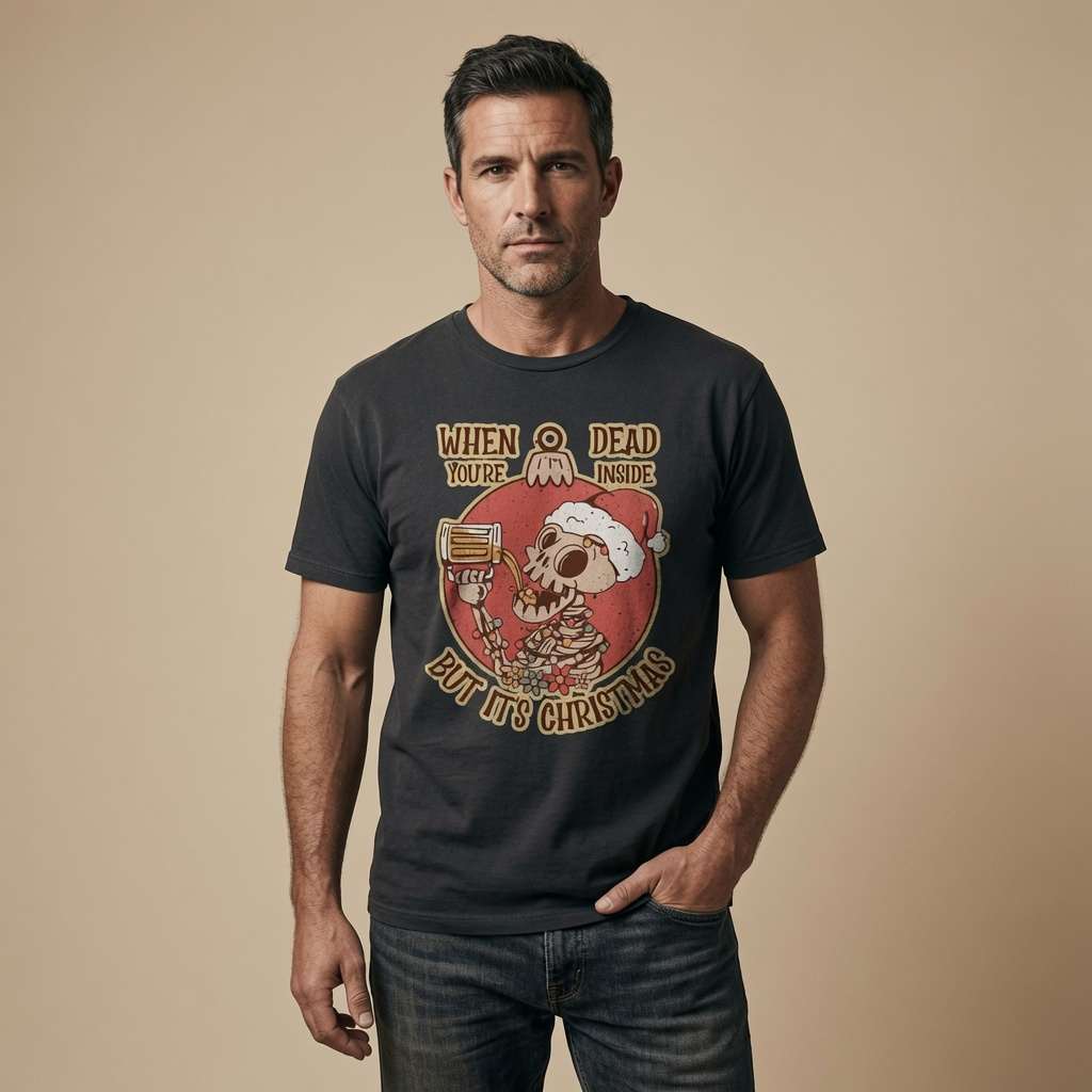 Man in black When You’re Dead Inside But It’s Christmas tee, funny alt Christmas skull gift