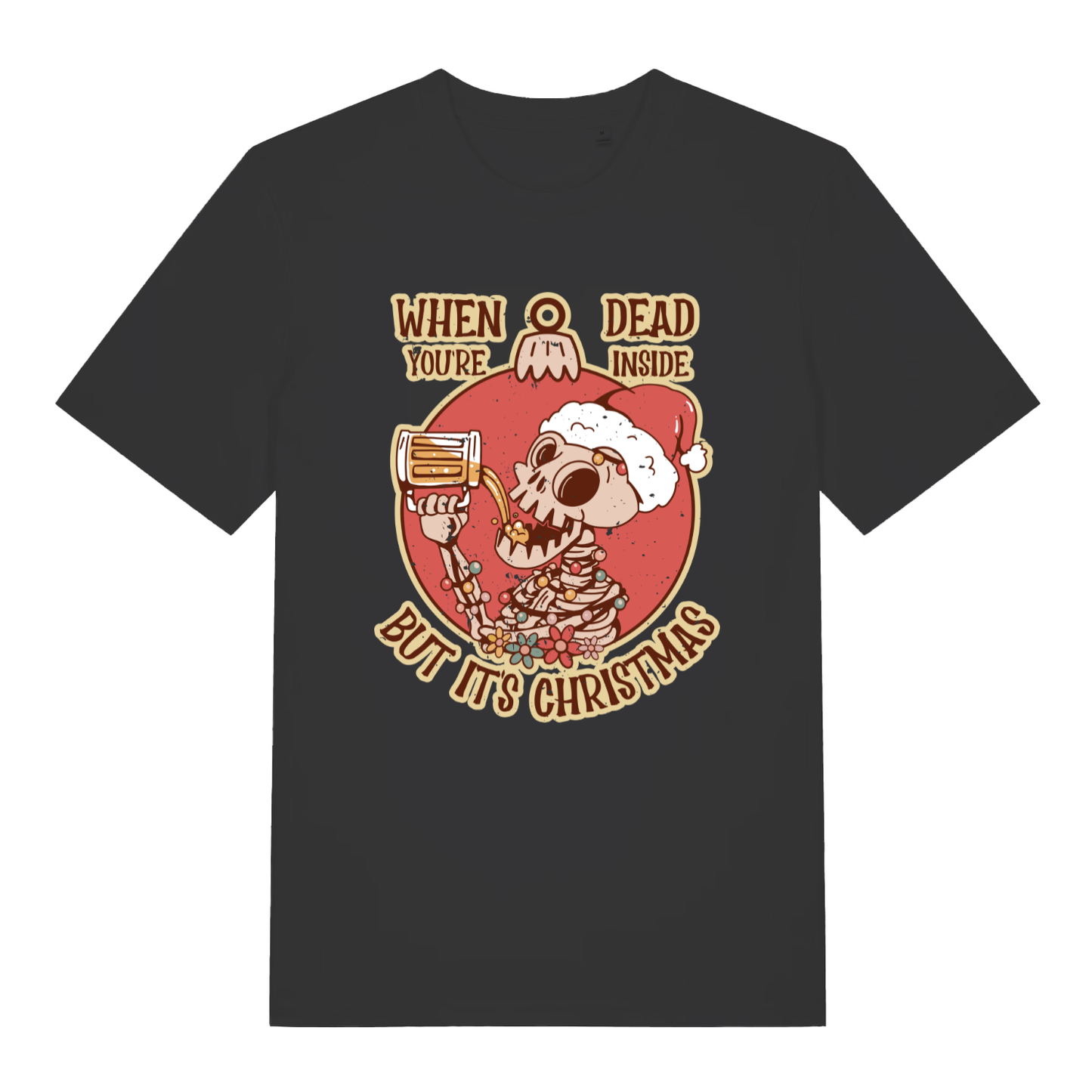 Black Dead Inside Christmas T-shirt flat lay with skeleton Santa hat chugging beer "When You're Dead Inside But It's Christmas" graphic