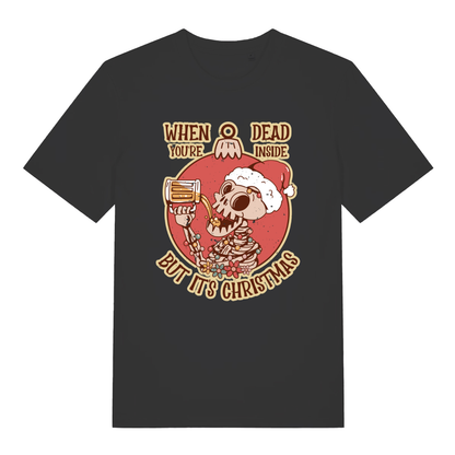 Black Dead Inside Christmas T-shirt flat lay with skeleton Santa hat chugging beer "When You're Dead Inside But It's Christmas" graphic
