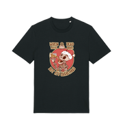 black xmas t-shirt with the graphic of a skull in a santa hat and the slogan 'when you're dead inside but its christmas'