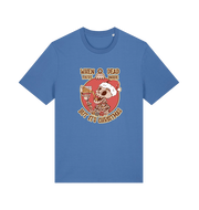 blue xmas t-shirt with the graphic of a skull in a santa hat and the slogan 'when you're dead inside but its christmas'