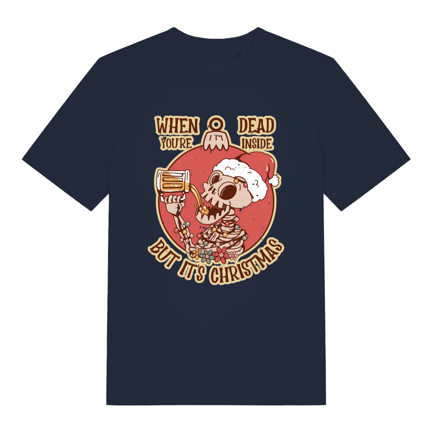 French Navy Dead Inside Christmas T-shirt flat lay featuring funny skeleton Christmas pint design