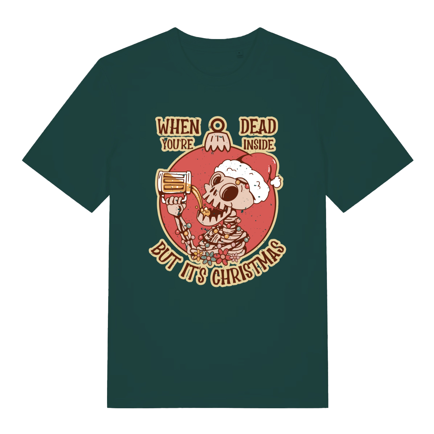 Glazed Green Dead Inside Christmas T-shirt flat lay showing festive dead inside skeleton illustration