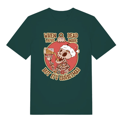 Glazed Green Dead Inside Christmas T-shirt flat lay showing festive dead inside skeleton illustration