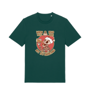 green xmas t-shirt with the graphic of a skull in a santa hat and the slogan 'when you're dead inside but its christmas'