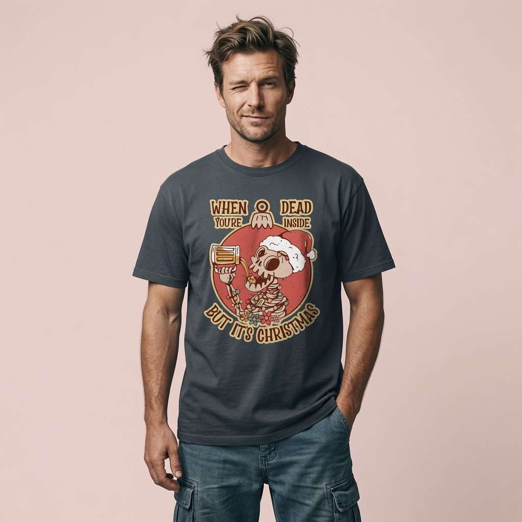 Man in india ink grey When You’re Dead Inside But It’s Christmas t-shirt, fun xmas skull graphic