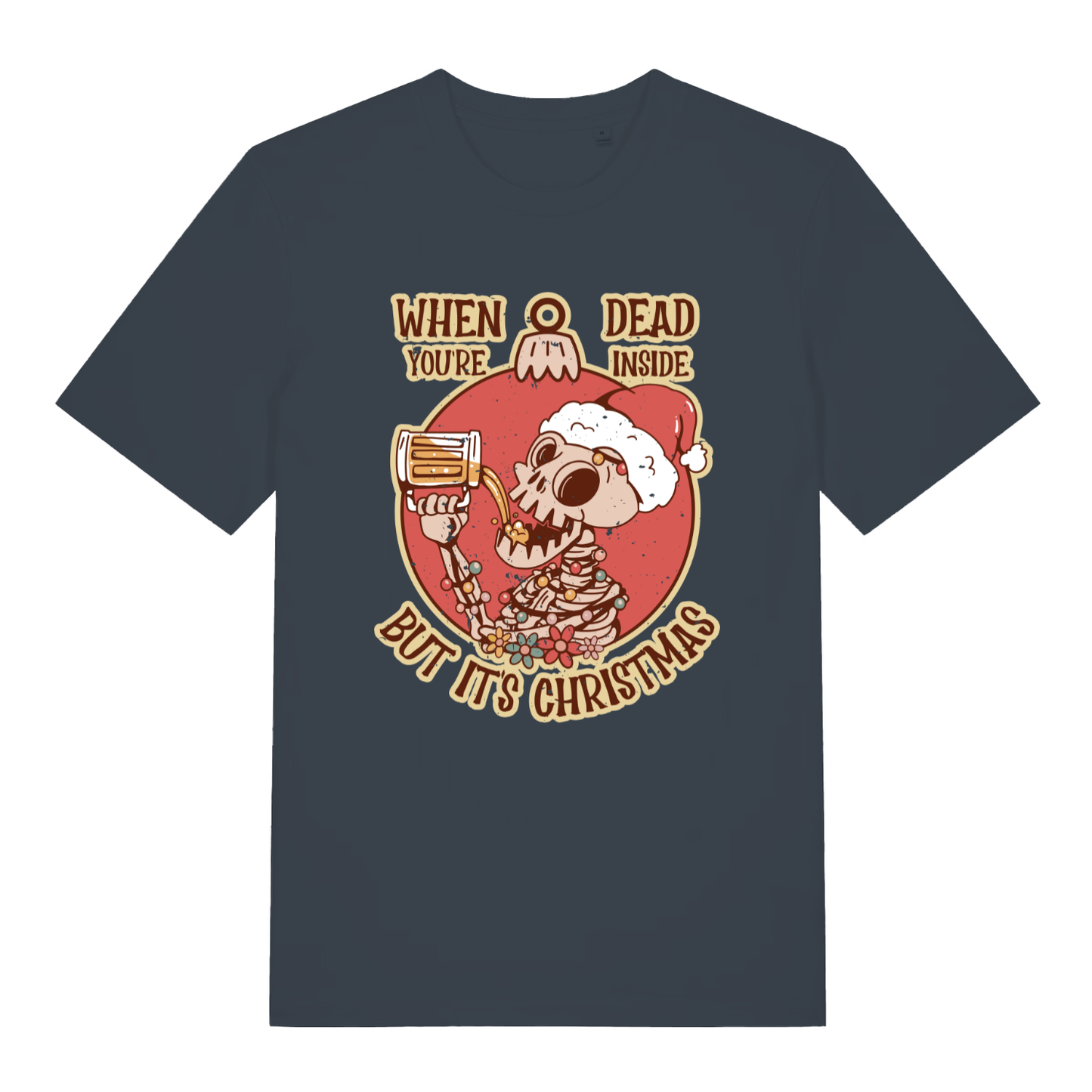 India Ink Grey Dead Inside Christmas T-shirt flat lay with bold skeleton beer bauble graphic