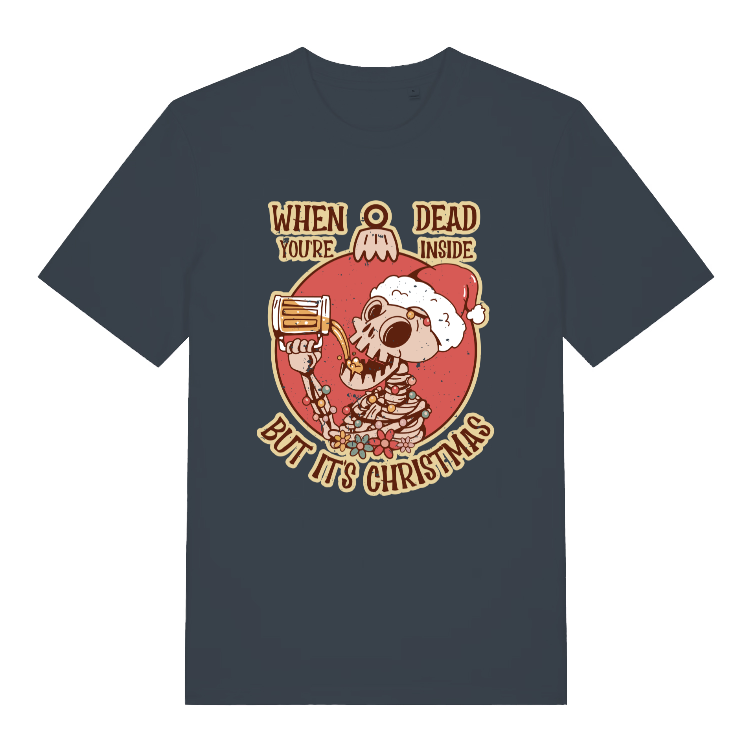 India Ink Grey Dead Inside Christmas T-shirt flat lay with bold skeleton beer bauble graphic