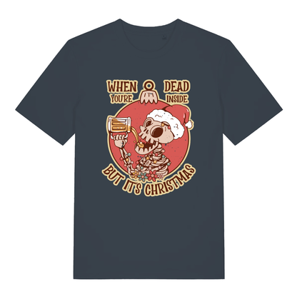 India Ink Grey Dead Inside Christmas T-shirt flat lay with bold skeleton beer bauble graphic