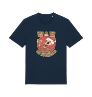 navy xmas t-shirt with the graphic of a skull in a santa hat and the slogan 'when you're dead inside but its christmas'