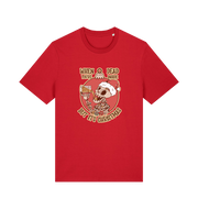 red xmas t-shirt with the graphic of a skull in a santa hat and the slogan 'when you're dead inside but its christmas'