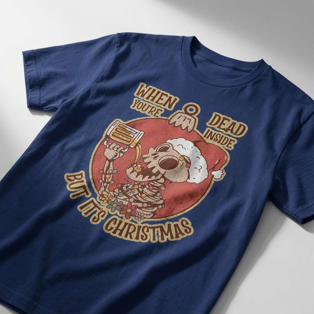 Worker blue When You’re Dead Inside But It’s Christmas t-shirt with festive skeleton graphic