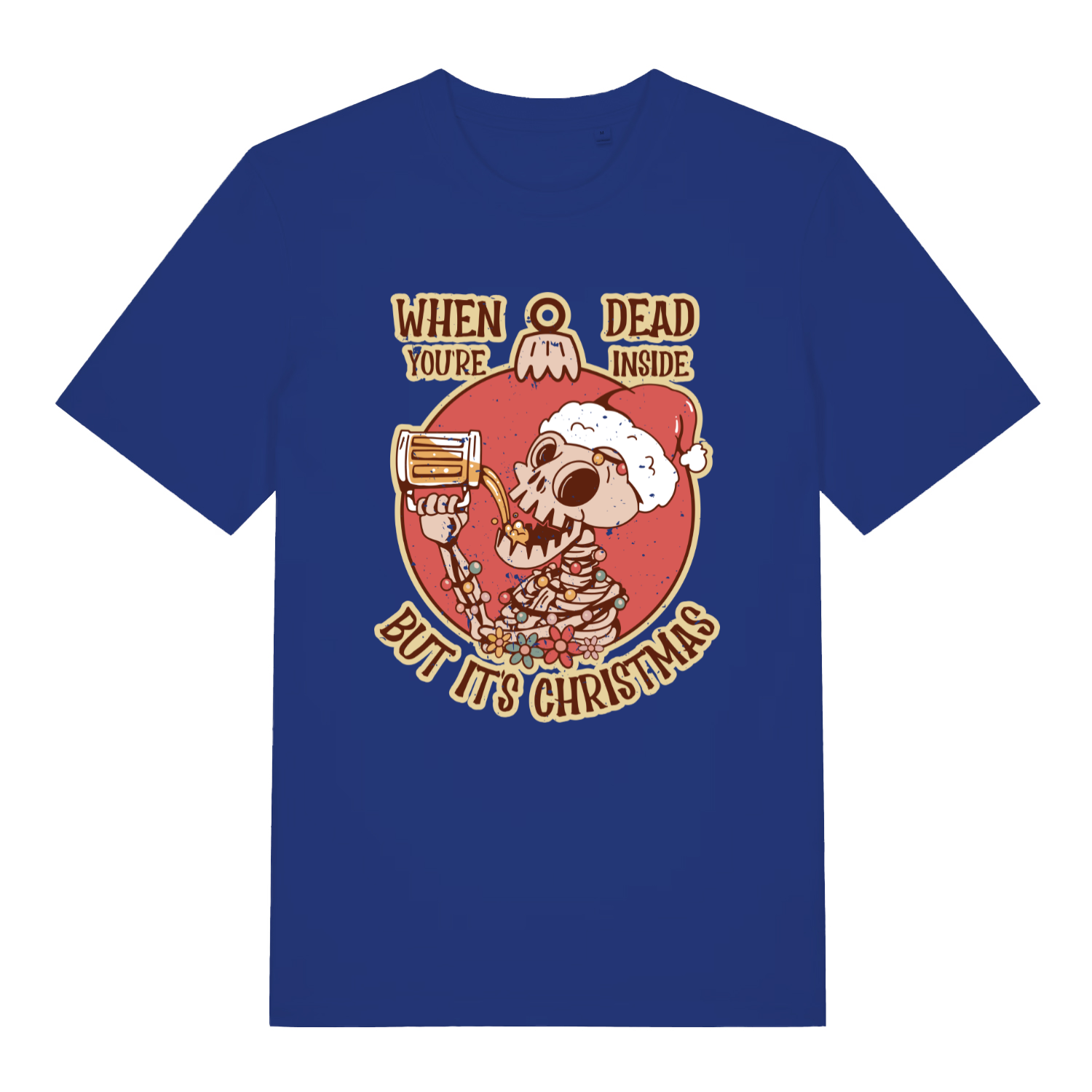 Worker Blue Dead Inside Christmas T-shirt flat lay displaying hilarious "Dead Inside But It's Christmas" design