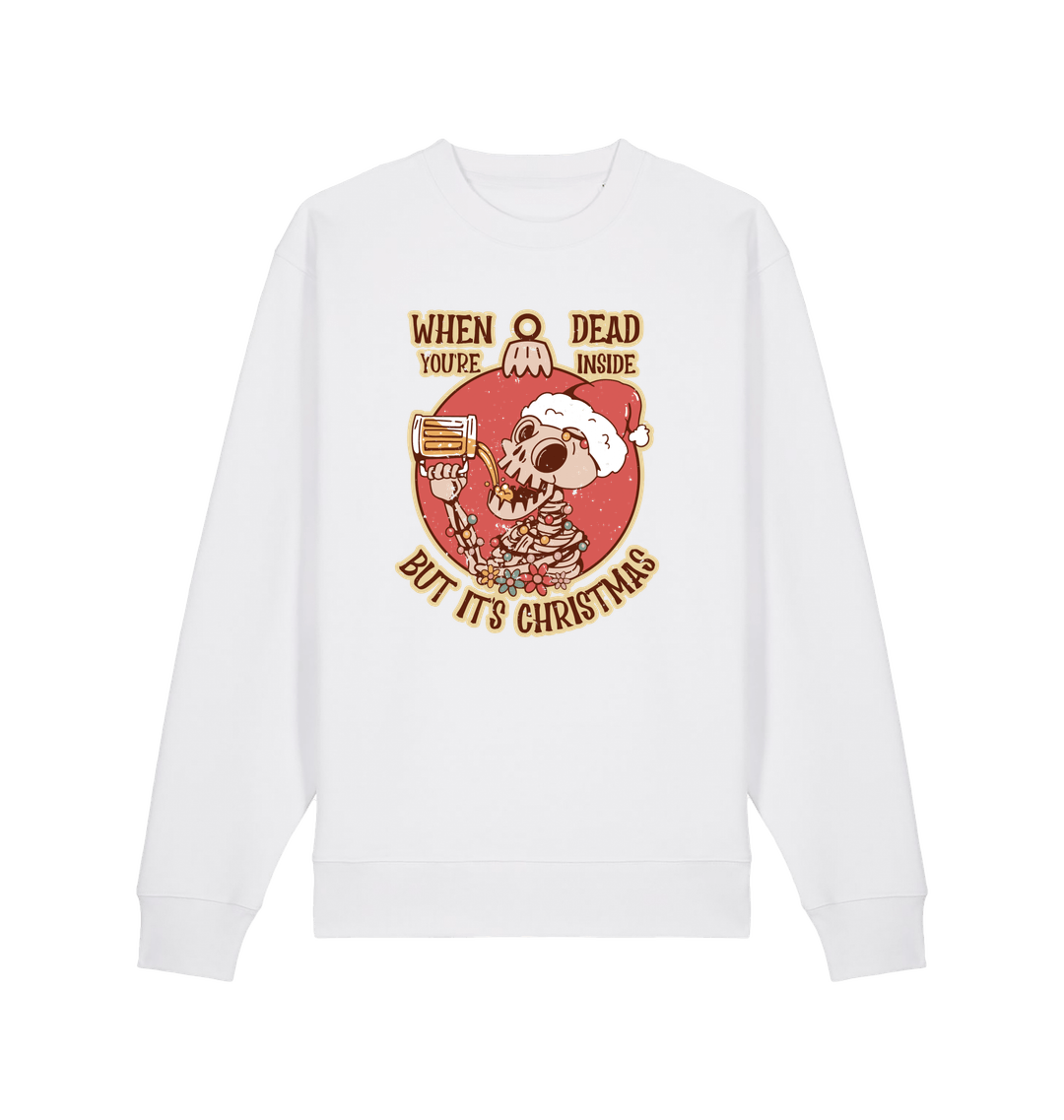 white christmas jumper with the graphic of a skeleton drinking a beer and the slogan 'when you're dead inside but it's christmas'