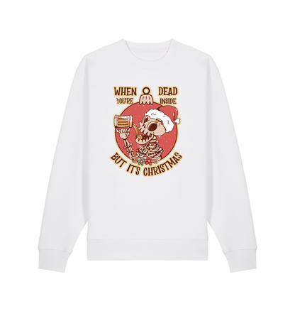 white christmas jumper with the graphic of a skeleton drinking a beer and the slogan 'when you're dead inside but it's christmas'