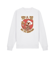 white christmas jumper with the graphic of a skeleton drinking a beer and the slogan 'when you're dead inside but it's christmas'