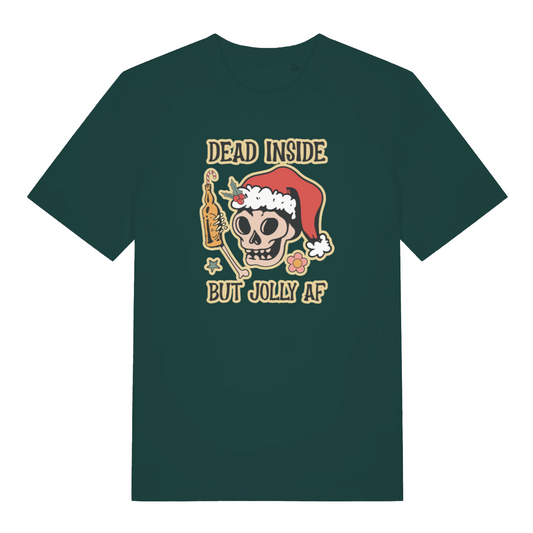green christmas t-shirt with the graphic of a skull holding a beer and the slogan 'dead inside but jolly af'