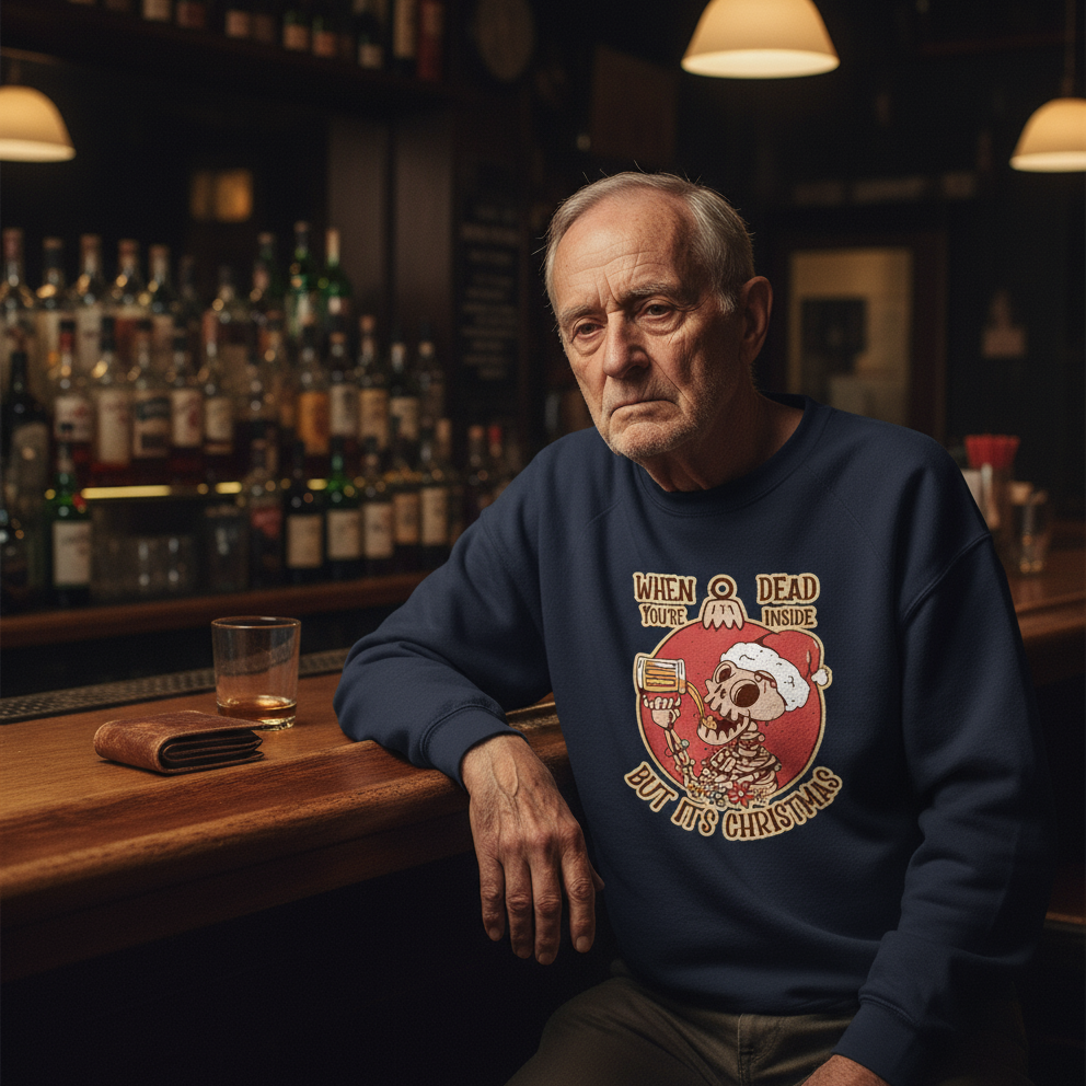 Man sitting at a bar wearing a sweater with a Christmas design, surrounded by bottles and a glass.
