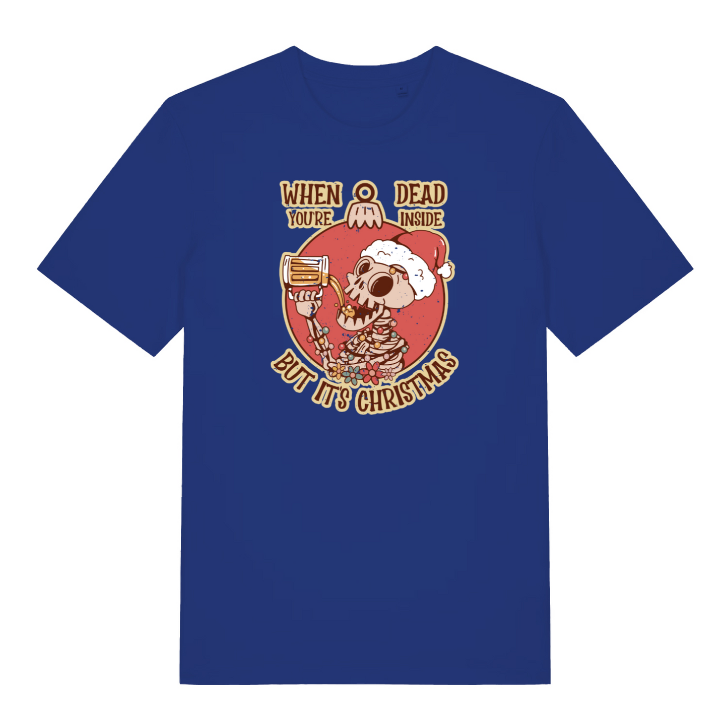 blue christmas t-shirt with the graphic of a skeleton drinking a beer and the slogan 'when you're dead inside but it's christmas'