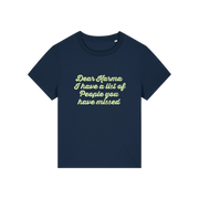 navy sarcastic t-shirt with the slogan 'dear karma i have a list of people you have missed'