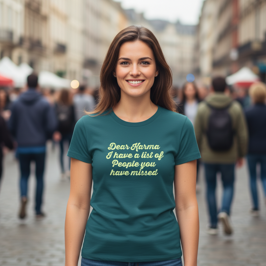 Woman wearing a teal t-shirt with the slogan 'dear karma i have a list of people you have missed' on a blurred city street background