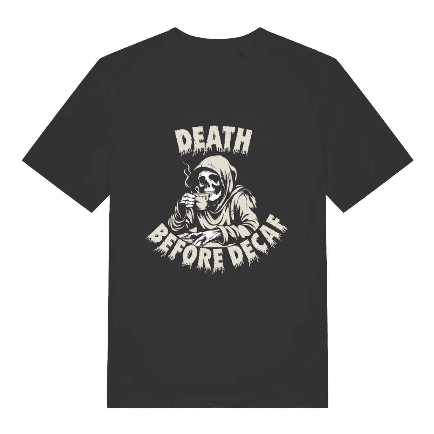 Black Death Before Decaf T-shirt flat lay with Grim Reaper skeleton drinking coffee graphic