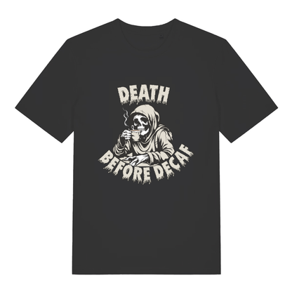 Black Death Before Decaf T-shirt flat lay with Grim Reaper skeleton drinking coffee graphic
